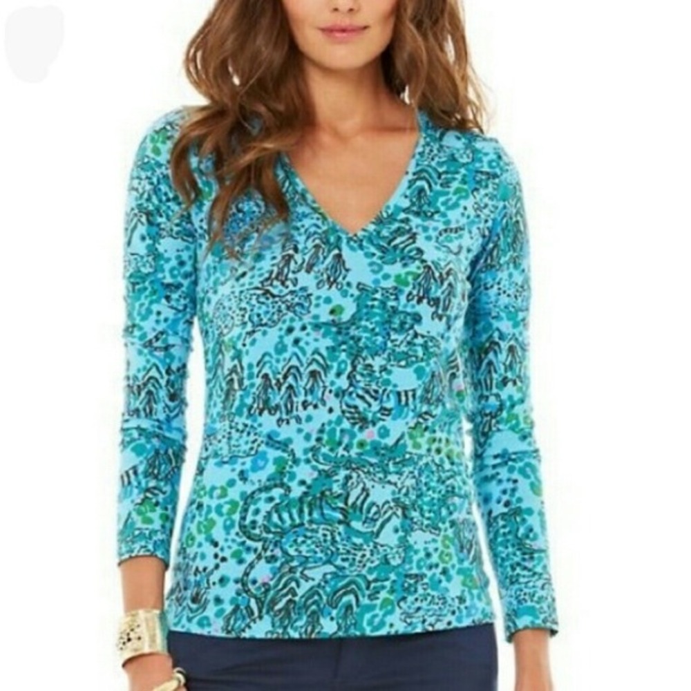 Lilly Pulitzer In the Jungle V-Neck Long Sleeve Top Blue Green Tiger Leopard XS‎